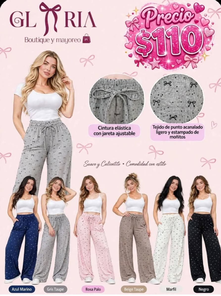 Pantalón palazzo de punto acanalado con estampado de moñitos